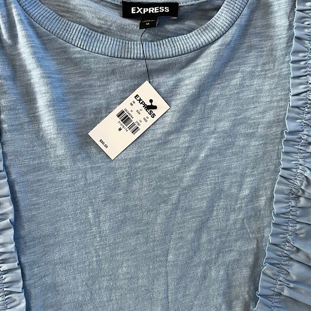 Express Ruffled Blue Flutter Sleeve Slub Knit Top NWT | Women's Medium - Picture 3 of 3